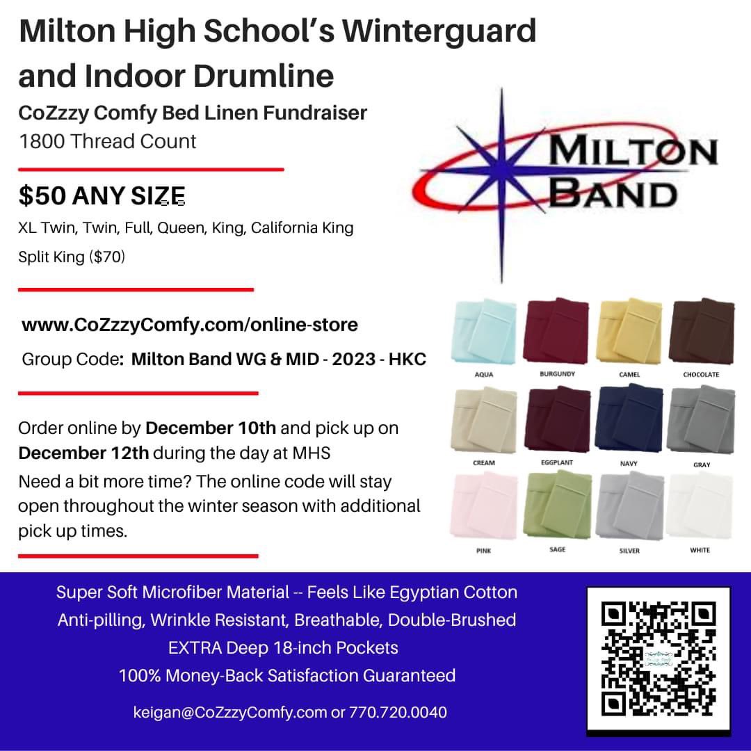 milton_band's tweet photo. Milton Indoor Drumline &amp; Winterguard are offering CoZzzy Comfy Bed Linens for sale to raise funds for our winter programs! Order any time &amp; have it shipped, OR order by Dec 10 for pick up at MHS on Dec 12. These sheets are AMAZING, all sizes are $50! https://t.co/eNgFBeyp1U https://t.co/wyvAzbbpCA