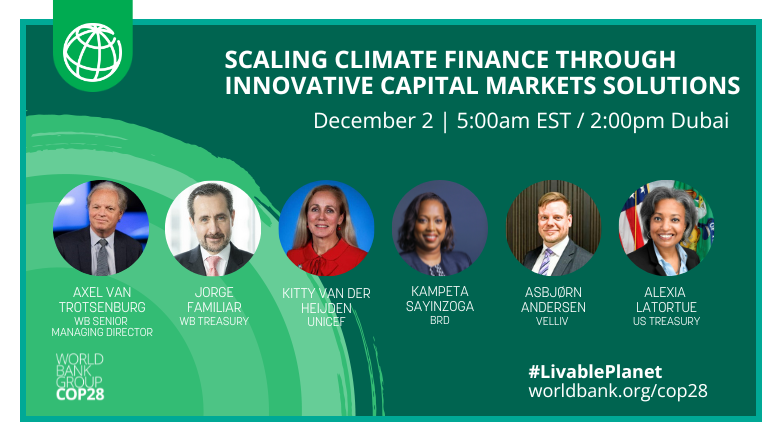 Tomorrow at #COP28 <a href="/WorldBank/">World Bank</a> event "Scaling Climate Finance Through Innovative Capital Markets Solutions" <a href="/KittyvdHeijden/">Kitty van der Heijden</a> <a href="/unicef/">UNICEF</a> <a href="/Familiar_BM/">Jorge Familiar</a> <a href="/RDBRwanda/">Rwanda Development Board</a>, <a href="/Ksayinzoga/">Kampeta Pitchette Sayinzoga</a> <a href="/AlexiaLatortue/">Alexia Latortue</a> <a href="/AxelVT_WB/">Axel van Trotsenburg</a> will discuss how to reduce poverty on a #LivablePlanet.

bit.ly/TRECOP28