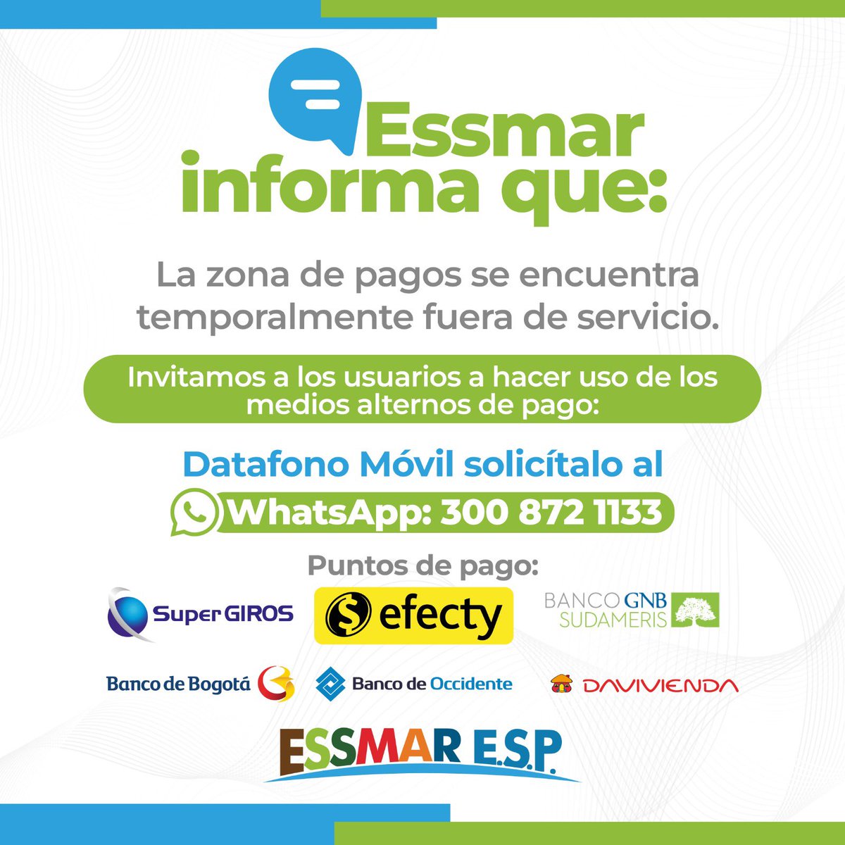 #EssmarInforma 📢 que la zona de pagos se encuentra temporalmente fuera de servicio. Invitamos a los usuarios a hacer uso de los medios alternos de pago.