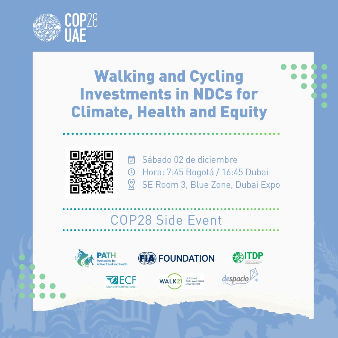 Les invitamos mañana a unirse a nosotras en nuestro side event de la <a href="/COP28_UAE/">COP28 UAE</a> Discutiremos cómo políticas efectivas, inversión y financiación pueden impulsar la movilidad activa. Comenzamos a las 7:45 a.m. Sigan el evento aquí: youtube.com/watch?v=U4jpa8… #MovilidadActiva #COP28 🪁