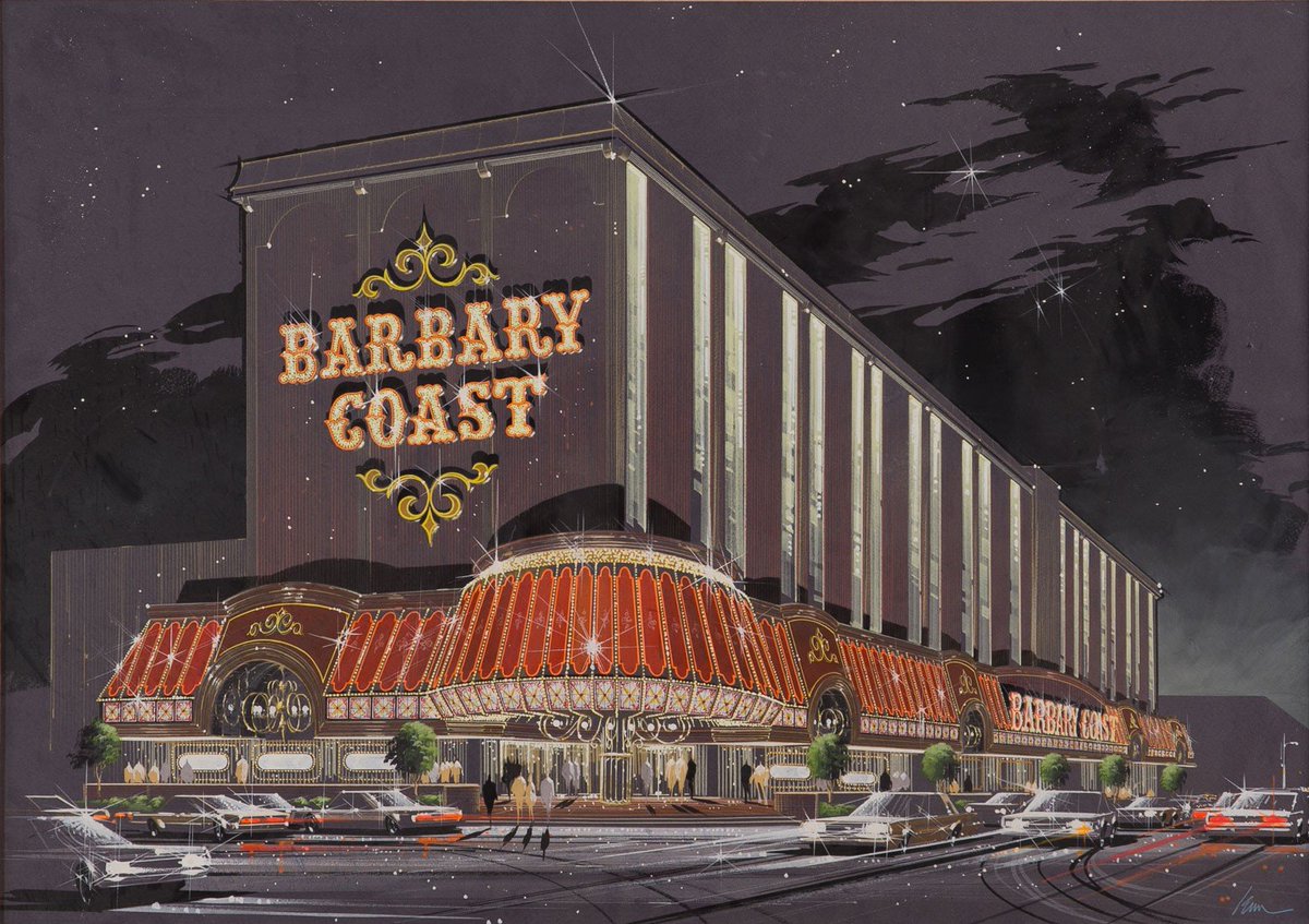 It's February, 1978 in #LasVegas . Work continues on Michael Gaughan's Barbary Coast. Artist rendering of the completed project. The property was formally Empey's Desert Villa and (briefly) Times Square Motel. 📷 LV Sun - YESCO Rendering