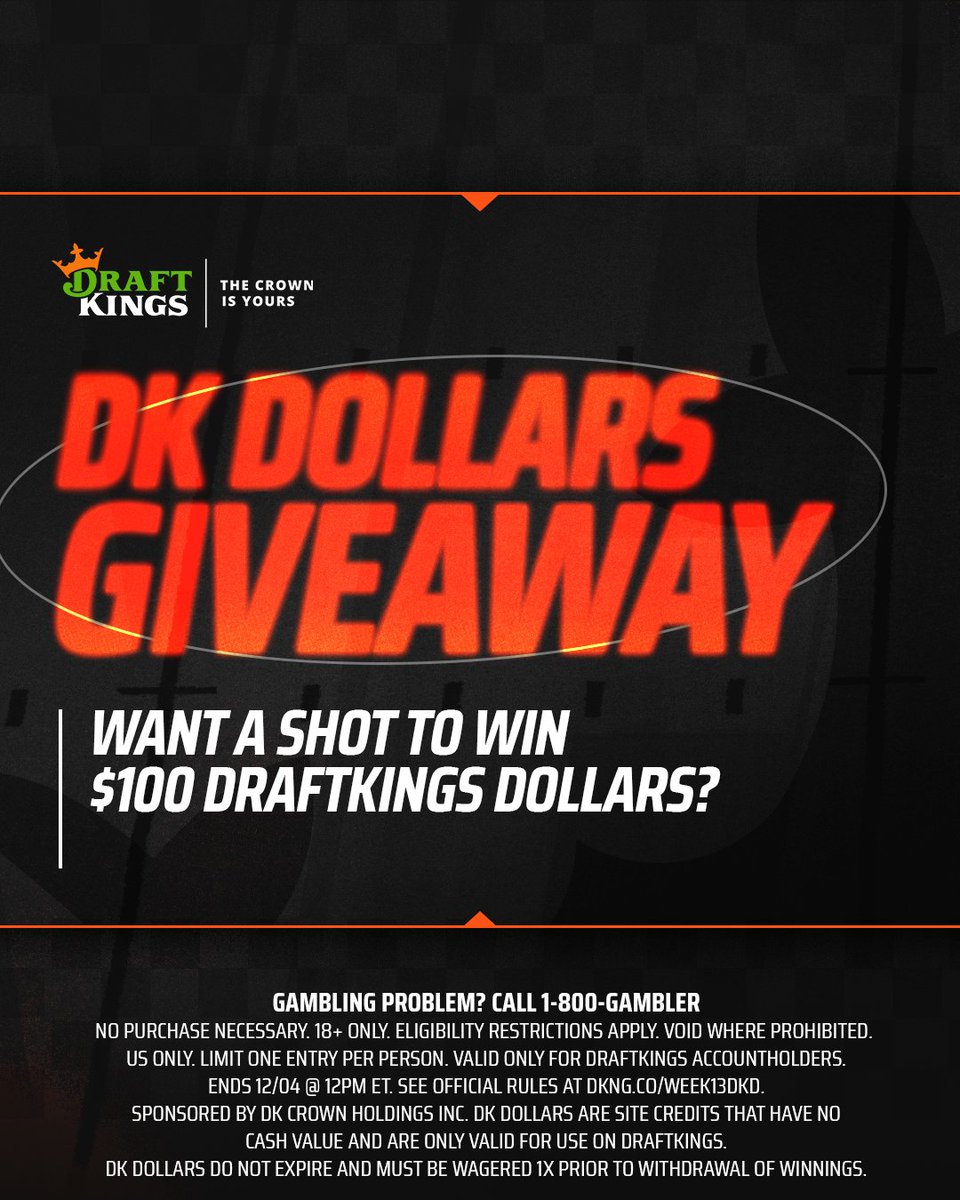 DK DOLLARS GIVEAWAY 🫴 👑

Start the weekend with your shot to win $100 DK Dollars!

1. Like this post
2. Follow DraftKings

5 winners selected. Must be a DraftKings accountholder. Ends 12/04/23 at noon ET. See rules: dkng.co/Week13DKD

#TheCrownIsYours