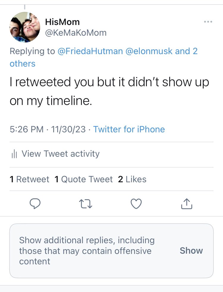 KeMaKoMom's tweet photo. @emmanuel1741734 @FriedaHutman @elonmusk @X @Support TY. Look at what is shown to me regarding your tweet. Where and how was your advice offensive? https://t.co/P8DJ4508S3