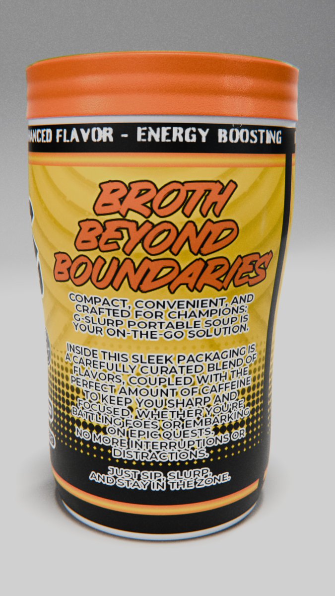 Saddy_Gaming's tweet photo. #Day1 of posting about GSLURP: caffeinated soup for gamers. It's broth beyond boundaries. 🚀 Elevate your gaming experience the ultimate fuel for champions! 🎮 

 #GSLURP #GamerFuel #GamerSoup #blender #blenderrender #fakeAd #concept https://t.co/alio7ZEWGK