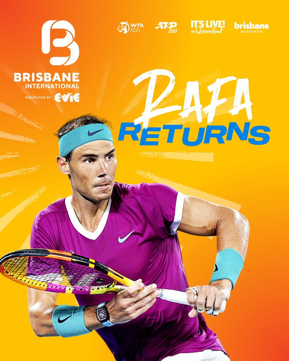 BrisbaneTennis's tweet photo. We think you're going to like this one 😉

@RafaelNadal returns to #BrisbaneTennis for 2024 – VAMOS!

Grab the hottest ticket in town this summer 🎟 https://t.co/0YyCzQ1bgz

@queensland @visitbrisbane #ThisisQueensland #VisitBrisbane @EvieNetworks https://t.co/Wo6L0YWLE1