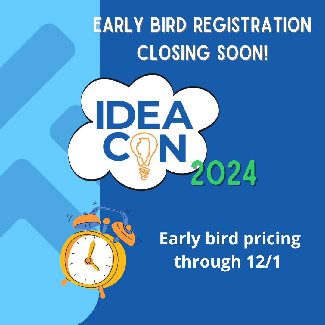 Early-bird pricing for #IDEAcon 2024 ends at 11:59 PM CT. Don't miss the best price for keynotes from AI and game-based learning guru @StephenReidEdu, @OurVoiceAll, and IL TOY @queenh0neyb, incredible thought leaders, 100s of sessions, and so much more! ideaillinois.org/ideacon