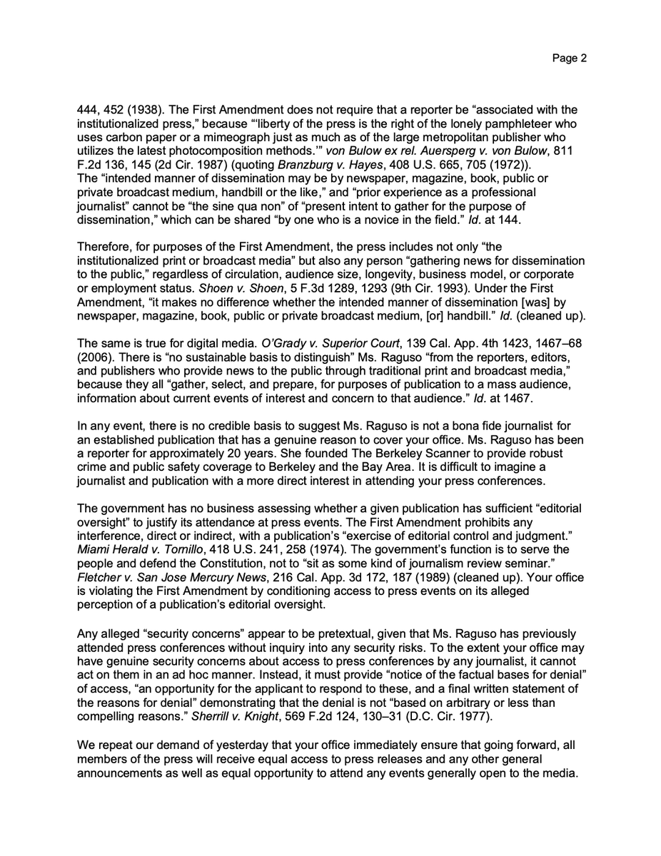 BerkeleyScanner's tweet photo. First Amendment groups to @AlamedaCountyDA Pamela Price: "At face value, your office’s position on attendance at press conferences violates the First Amendment because it unconstitutionally discriminates against segments of the press and interferes with editorial discretion." https://t.co/JSZIiWEkRs