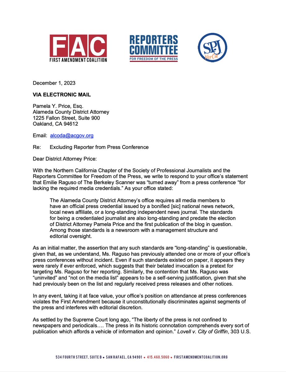 BerkeleyScanner's tweet photo. First Amendment groups to @AlamedaCountyDA Pamela Price: "At face value, your office’s position on attendance at press conferences violates the First Amendment because it unconstitutionally discriminates against segments of the press and interferes with editorial discretion." https://t.co/JSZIiWEkRs