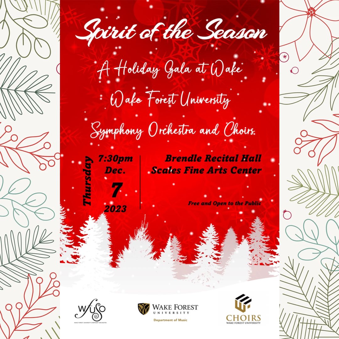 Thursday, December 7th @ 7:30pm in Brendle Recital Hall, we’re partnering the @wakechoirs for a Holiday Gala! Come join us for a variety of holiday music that will put you in a festive mood! We can’t wait to see you there! #music #wfu #wakethearts #holiday