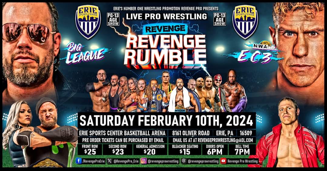 Tickets on sale NEXT Friday Dec 8th!!! 6PM. Email us at RevengeProWrestling@aol.com. Tickets are going to go fast for this one!! 💥@nwa WHC @therealec3 defends against @BigLeagueJMcC‼️ 💥#RockyReynolds returns one night only to FIGHT @dErEk_DiLLiNGeR‼️ 💥Revenge Rumble match‼️