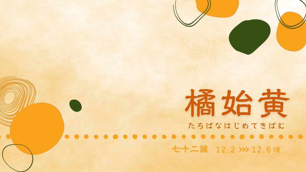 おはようございます☀

ミカン、柚子、金柑など冬は柑橘系が続々と🍊
冬の黄色やオレンジ色は華やかにみえて、クリスマスやお正月とは違った彩り😊

七十二侯　橘始黄🍊
橘とは古代日本では柑橘系を総称して呼んでいたらしいです。
季節を楽しみながら、良い１日を💫
#51202おは戦🍩fk