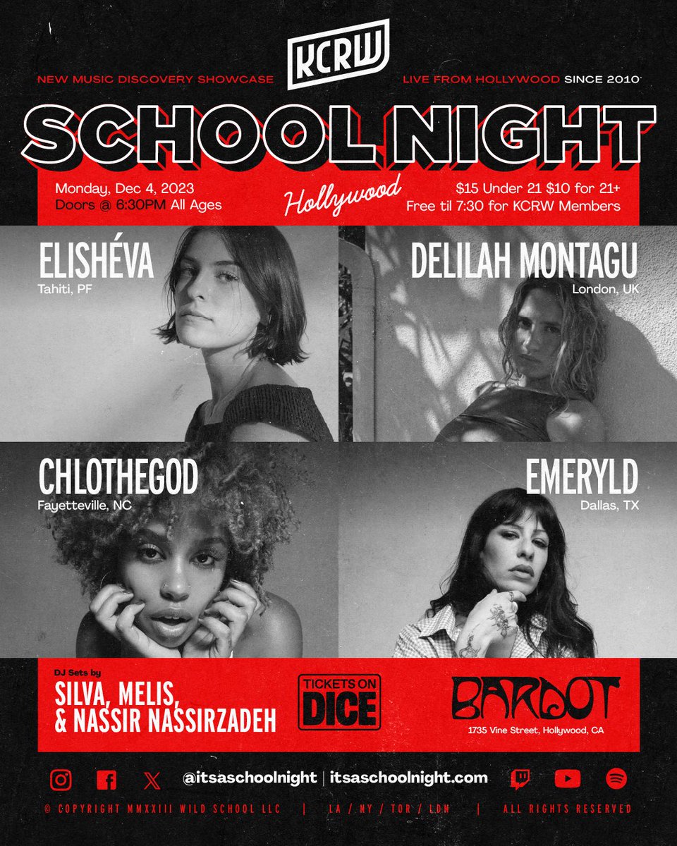 School Night (@itsaschoolnight) on Twitter photo LA, we’ve added 2 talented rising stars to our upcoming show this Mon, 12/4! <a href="/elishevalilla/">e l i s h é v a</a> & <a href="/lilemeryld/">emeryld</a> ✨With additional live performances by <a href="/delilahmontagu/">Delilah Montagu</a> and <a href="/chlothegodd/">i feel different every day</a> 🎸 Plus DJ sets by <a href="/SiLVAontheair/">SiLVA</a>, Melis, & Nassir Nassirzadeh 🔊 Tix here: link.dice.fm/u292b248fab4 LA, we’ve added 2 talented rising stars to our upcoming show this Mon, 12/4! <a href="/elishevalilla/">e l i s h é v a</a> & <a href="/lilemeryld/">emeryld</a> ✨With additional live performances by <a href="/delilahmontagu/">Delilah Montagu</a> and <a href="/chlothegodd/">i feel different every day</a> 🎸 Plus DJ sets by <a href="/SiLVAontheair/">SiLVA</a>, Melis, & Nassir Nassirzadeh 🔊 Tix here: link.dice.fm/u292b248fab4