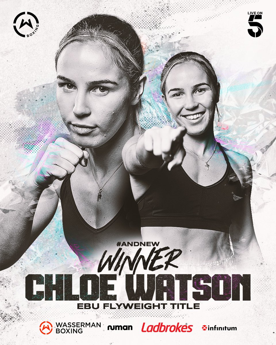 And the new… 👑 
 
<a href="/ChloeWatson111/">Chloe Watson</a> takes home the win by UD and is the new EBU Female Flyweight Champion 🙌 
 
Watch live NOW on <a href="/Channel5Sport/">Channel 5 Sport</a> 🥊

#GormanMyronets | #WatsonLallemand | <a href="/SauerlandBros/">Kalle & Nisse Sauerland</a> | <a href="/Ladbrokes/">Ladbrokes</a> | <a href="/getnuman/">Numan</a> | <a href="/InfinitumEnt/">InfinitumEntertainment</a>