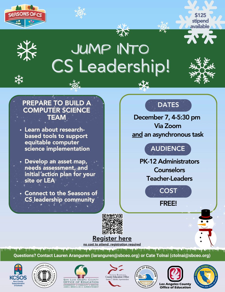 Jump into CS - Leadership! Calling PK-12th grade Administrators, Counselors & Teacher-Leaders! Explore resources to help you cultivate the Computer Science team your students need. Connect to the #SeasonsofCS community. #CSforCA Learn more and register: bit.ly/LeadCSDec