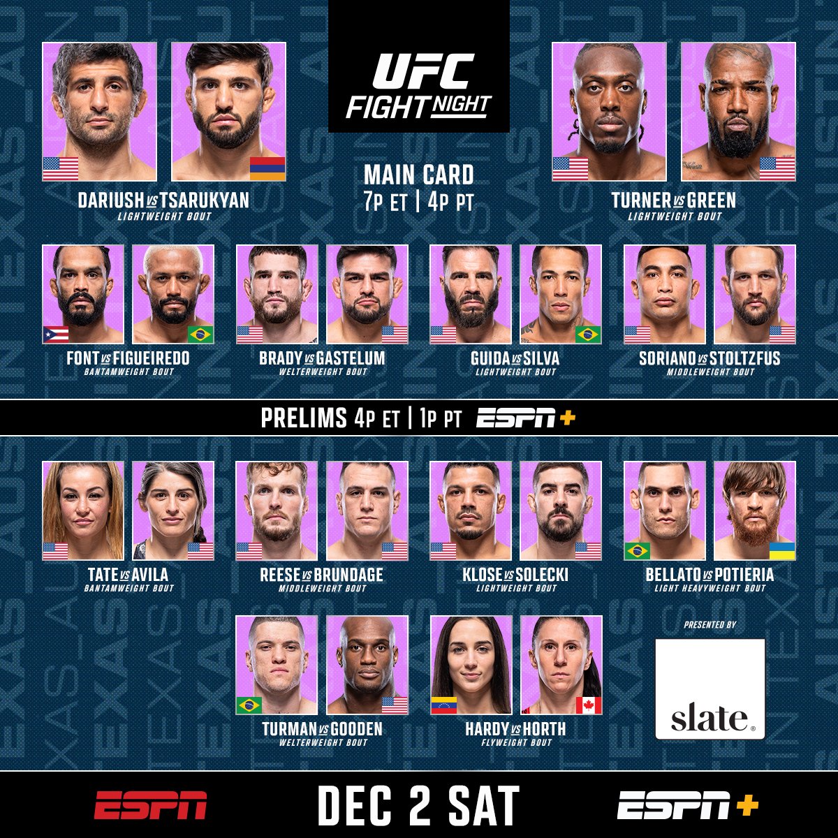 ufc's tweet photo. Let's ride 🤠

A look at tonight's FULL #UFCAustin lineup!

[ B2YB @SlateMilk ] https://t.co/9PykVsMgM2