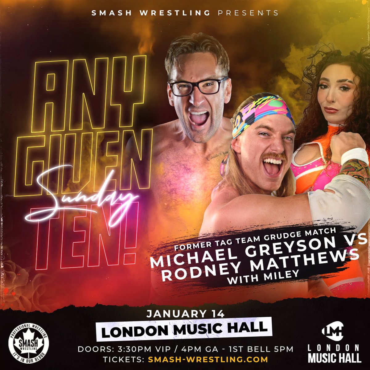 IT'S HAPPENING 😯

The grudge match between former tag team partners and best friends

#AGS10

📚 Michael Greyson

🆚

👀 Rodney Matthews
w/Miley

🗓️ Sunday, Jan. 14, 2024

📍 <a href="/londonmusichall/">London Music Hall</a> 

🎟️ smash-wrestling.com