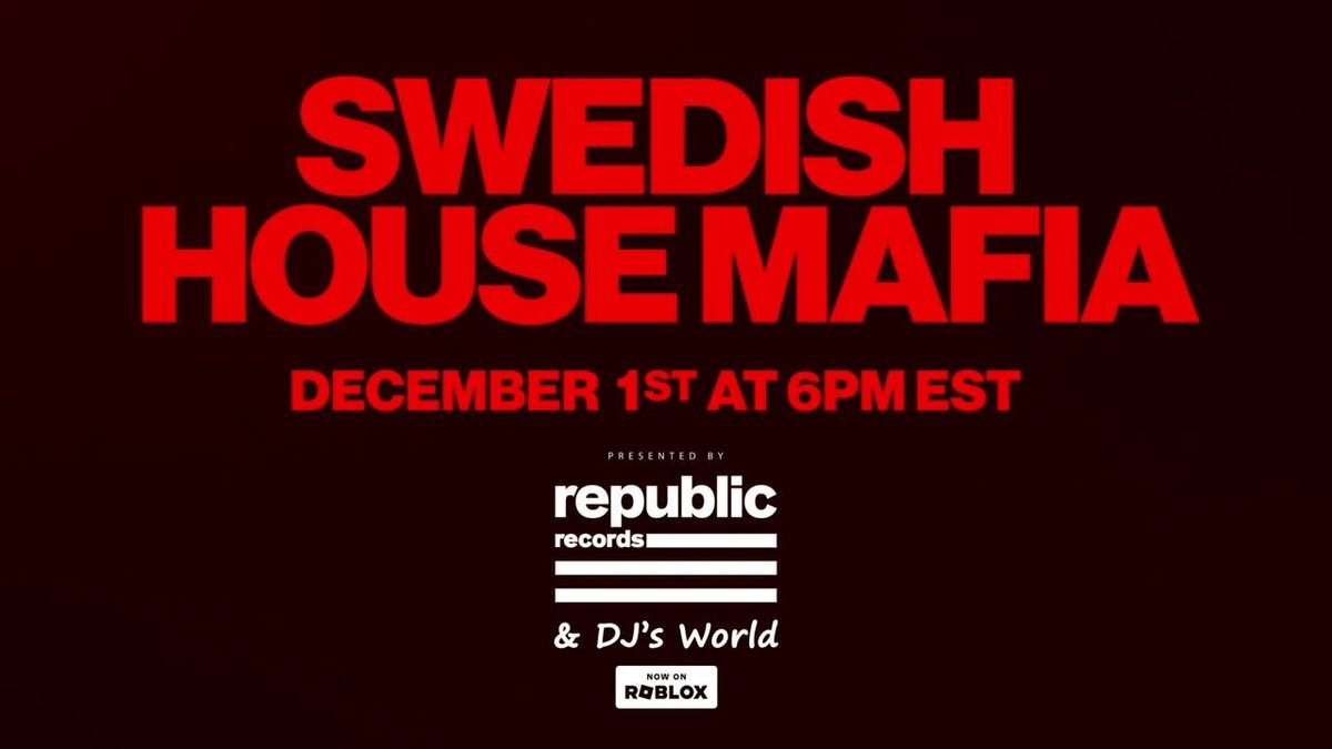 <a href="/swedishousemfia/">Swedish House Mafia</a>  Music Experience <a href="/Roblox/">Roblox</a>  Presented by: <a href="/PlayPalsStudios/">Play Pals Studios</a> 

Music Experience will kick off on Friday, December 1, 2023, at 6 PM EST  The performance will be replayed every hour throughout the weekend until Monday, December 4 at 6 PM
Link: roblox.com/games/12498843…