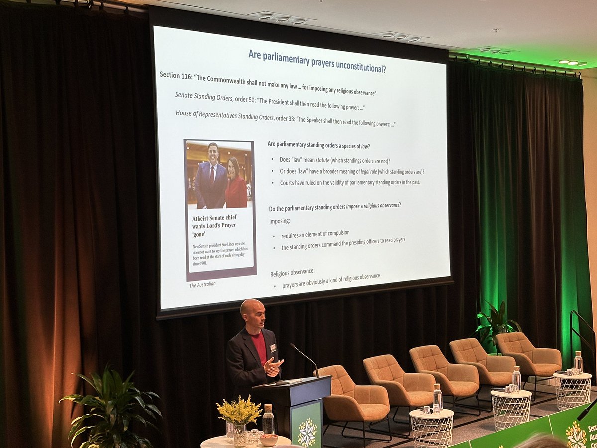Are prayers in Parliament legal? Does this practice ‘impose a religious observance’? (Are ‘Standing Orders’ a ‘law’, a ‘statute’?) asks Luke Beck, Prof of Constitutional Law. 

He notes to close: secularism is anti-religious privilege, it’s not anti-religion. #SecularismAu