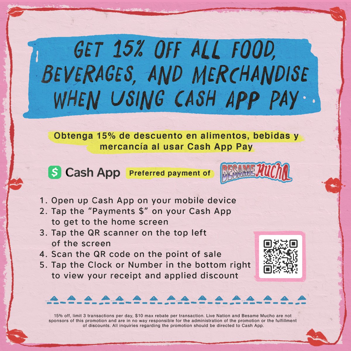 Be sure to download and sign up for Cash App to get 15% off all food,  beverages and merchandise when using Cash App Pay to checkout at Besame  Mucho this weekend!