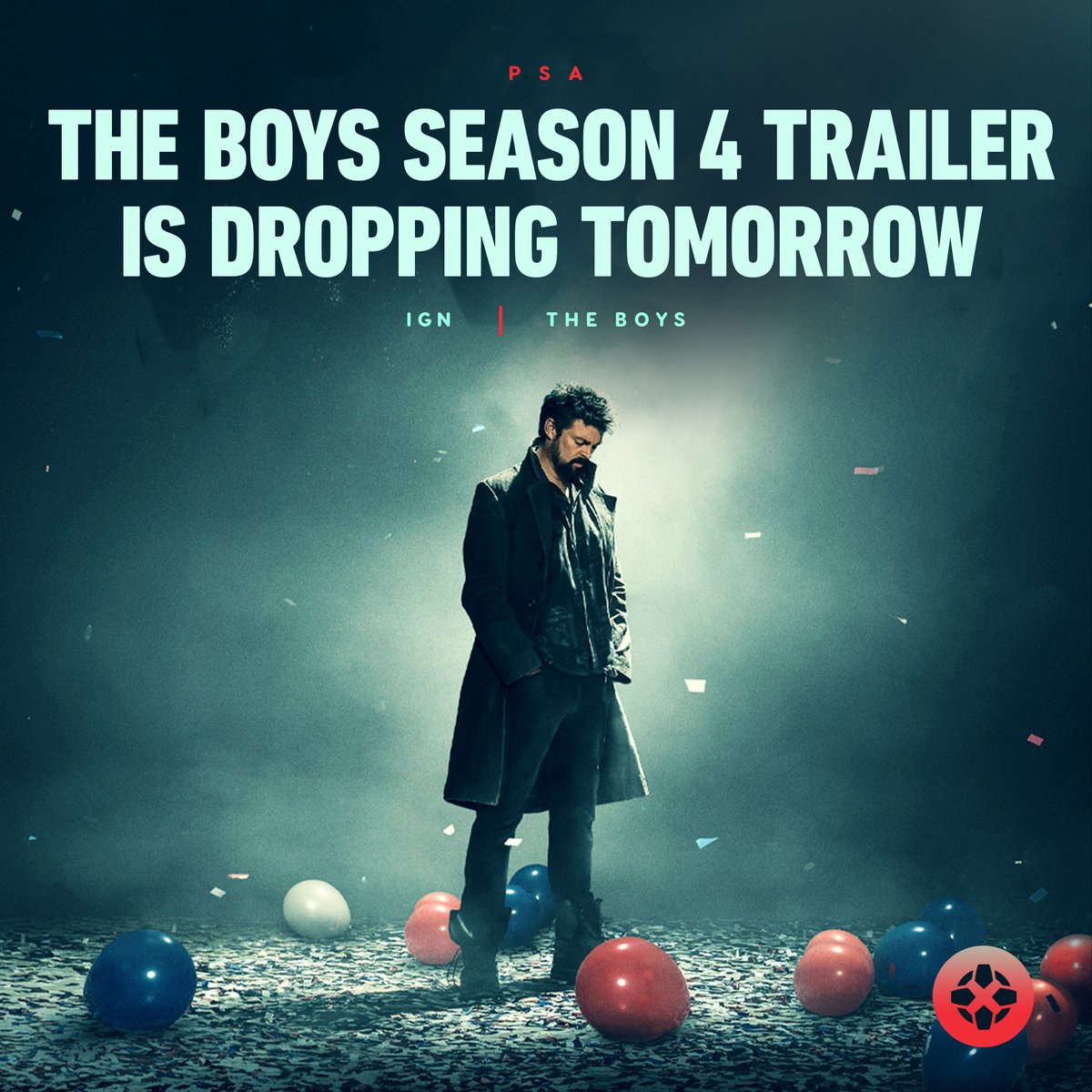 IGN's tweet photo. In some bloody diabolical news, Prime Video has revealed that a new trailer for The Boys Season 4 will drop tomorrow. https://t.co/W1bBLDsj9L