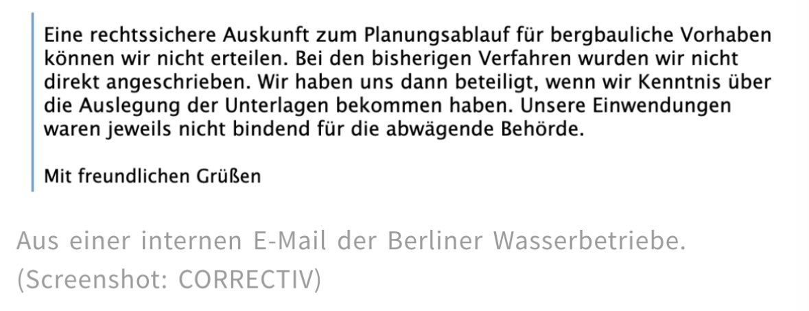 Die „Einwendungen waren jeweils nicht bindend für die abwägende Behörde“ hieße es bei Berliner Wasserbetriebe? 
Geht’s hier doch nicht um weniger als die Sicherung der Trinkwasserversorgung in weiten Teilen des Großraums Berlin?
#Transparenz #WasserBerlin #Klimakrise #Wasserkrise