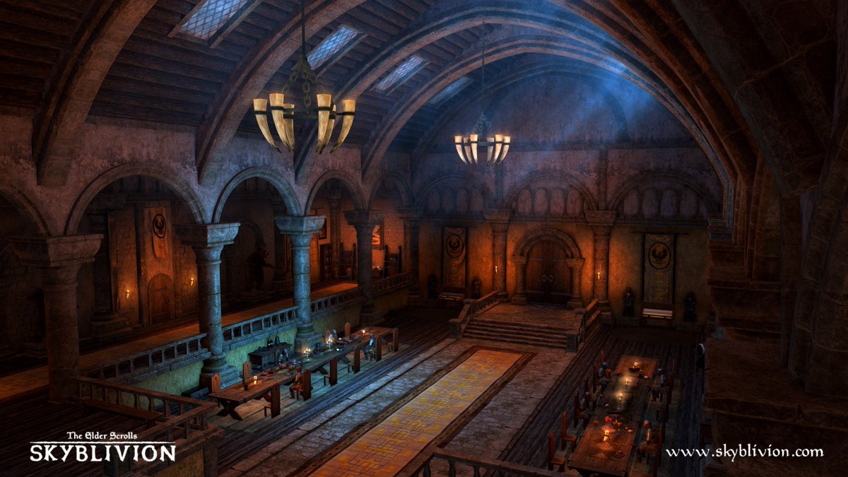The warm hearth fires and hearty meals of Castle Bruma’s Great Hall provide the Countess and her court a reprieve from the snowy windswept environs of their alpine county. Credit: @HeavyBurns #Skyblivion #ElderScrolls #Skyrim #Oblivion #Winter