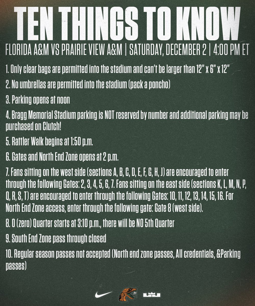 𝗧𝗘𝗡 𝗧𝗛𝗜𝗡𝗚𝗦 𝗧𝗢 𝗞𝗡𝗢𝗪 𝗕𝗘𝗙𝗢𝗥𝗘 𝗧𝗢𝗠𝗢𝗥𝗥𝗢𝗪. Be prepared ahead of tomorrow’s SWAC Championship Game. Full game day information: bit.ly/3uFVHly #FAMU | #FAMUly | #Rattlers | #FangsUp 🐍