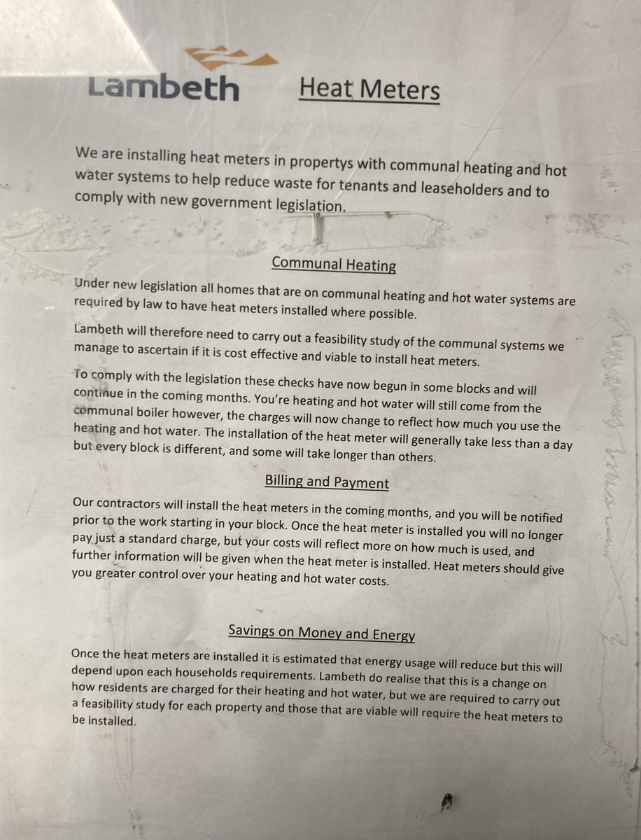 Update - Typical Lambeth no date no, contact details nothing and very vague. And posted on a notice board behind a fire door that is usually wedged open. So only just seen this! God knows when it was put up! #heatingmatters #communalheating #10yearsinthemaking #lambeth