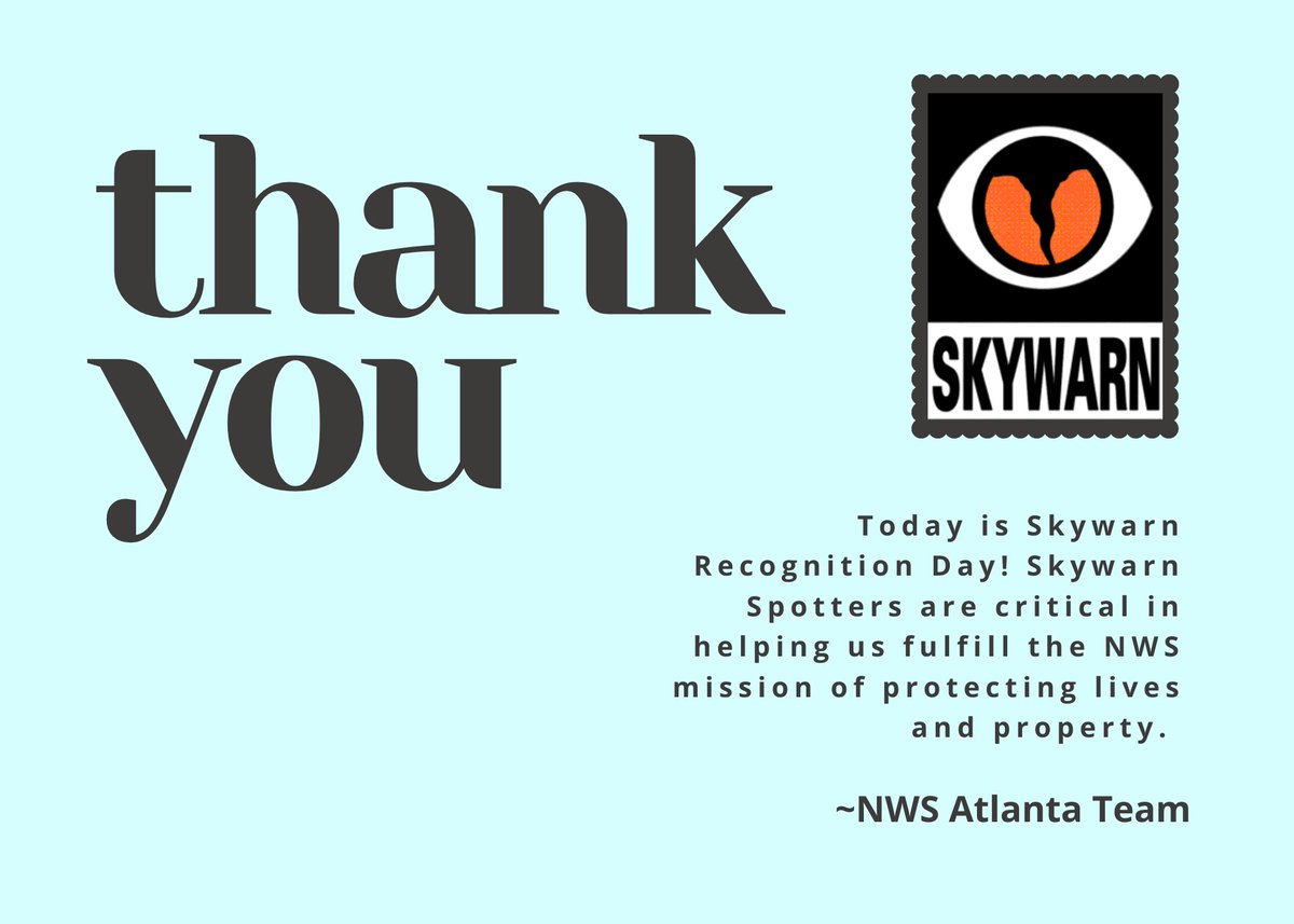 NWSAtlanta's tweet photo. As this #SkywarnRecognitionDay gets off to a start we wanted to take a moment to thank all of our Skywarn spotters across north and central GA! The support and dedication you provide when it comes to reports is truly appreciated and critical to our mission! #gawx #skywarn2023 https://t.co/ErUzYQRMsM