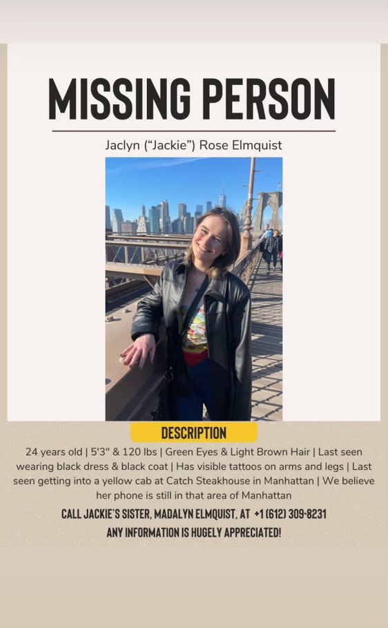 kimberlyskwira's tweet photo. Jackie Elmquist last seen in Manhattan, New York.  

Contact Maddy Elmquist with info!!! https://t.co/K7BCWKUzkC