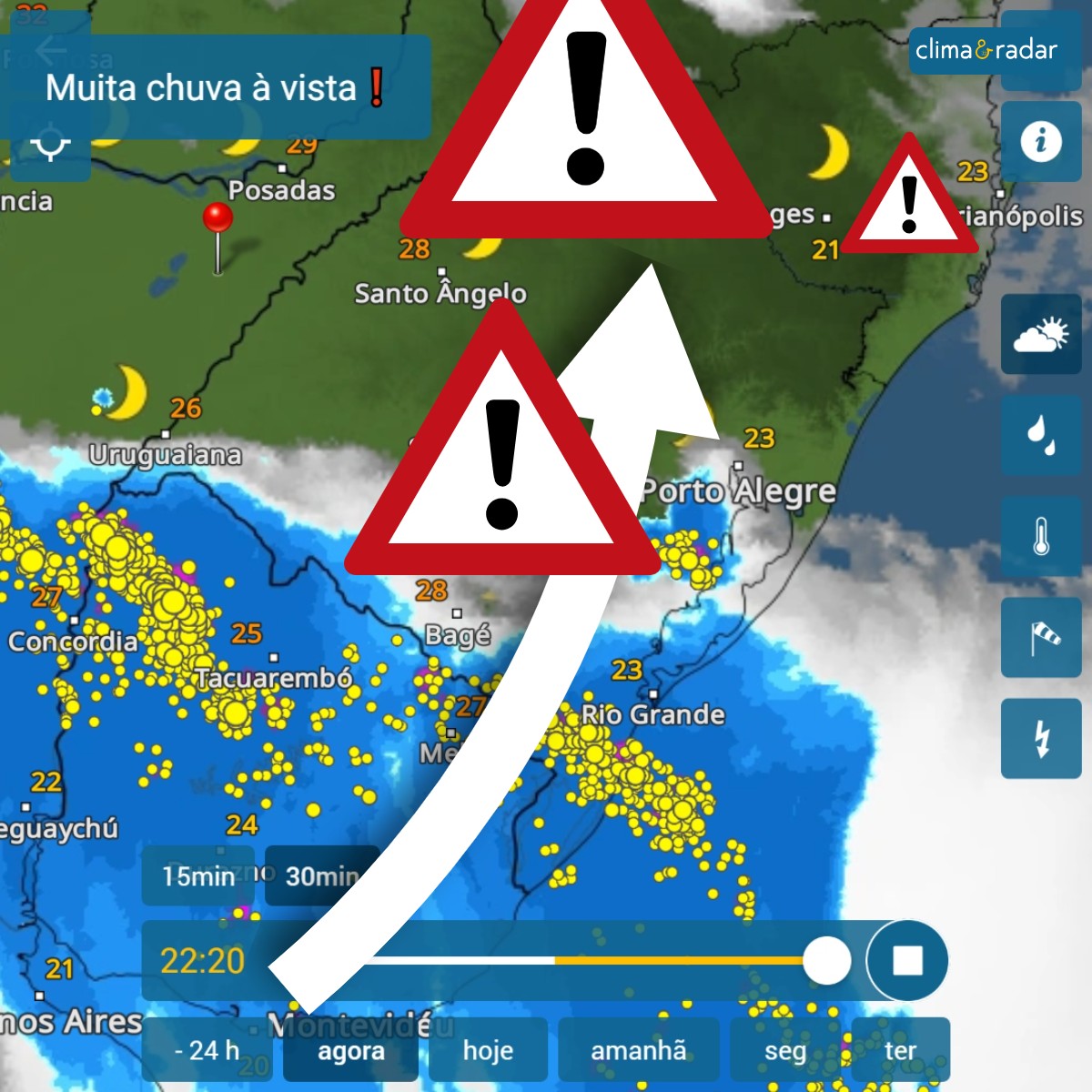 climaeradar's tweet photo. Aviso 🟠 Tempestade ⛈ Chegando agora ⚠ no extremo Sul. Muita #chuva sábado e domingo. 😎 Hoje começa o #verão para os meteorologistas... Verão meteorológico no hemisfério sul com temperaturas acima da média em quase todo o leste e sul do Brasil. 🌡 ⛈ 👀 #climaeradar https://t.co/ARt2RKYWm1