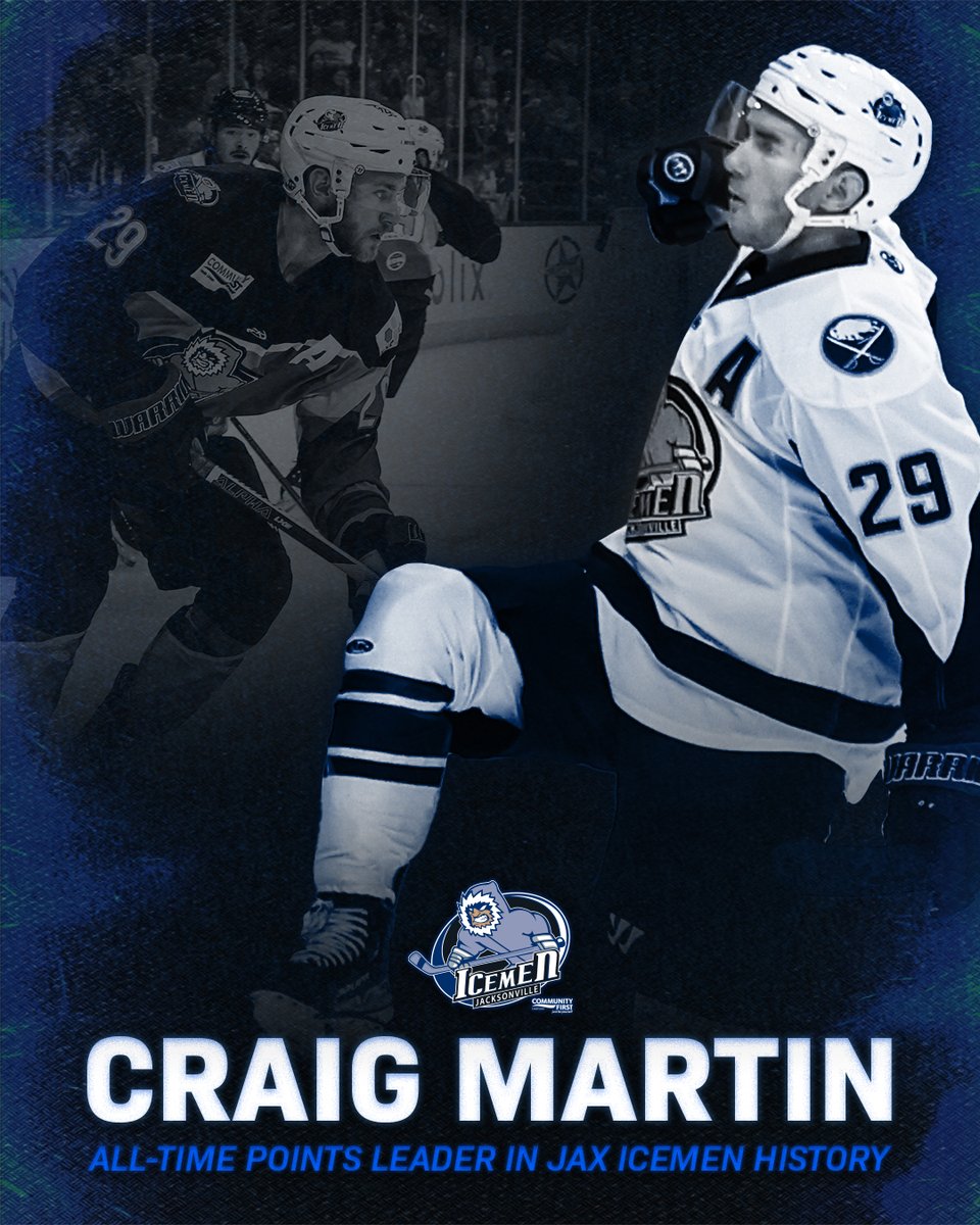 IT'S A MARTY PARTY! Craig
Martin has just become the
Jacksonville Icemen’s All-Time Leading
scorer with 133 points! He passes
former Icemen forward Ara Nazarian
who held the previous mark of 132
points 🤩