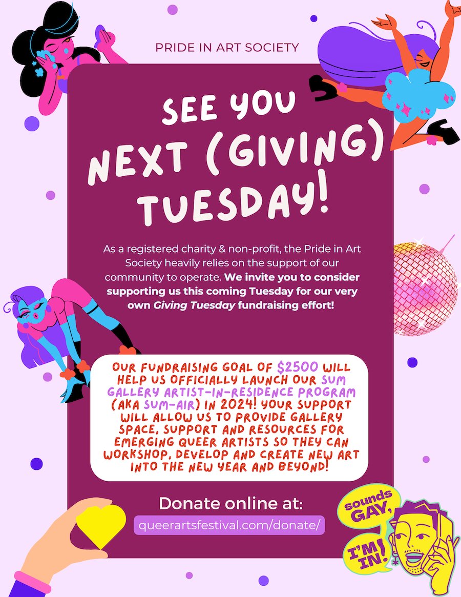 Forget your traditional Giving Tuesday — We'll See You Next Tuesday 😽 ! Support SUM + QAF's very own Giving Tuesday efforts this Dec 5 as we endeavour to raise $2,500 to support our new SUM gallery Artist-in-Residence program, officially launching 2024 - mailchi.mp/queerartsfesti…
