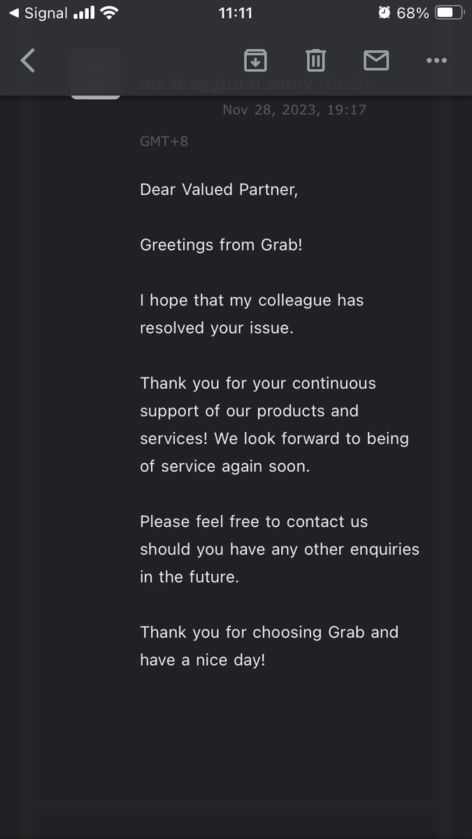 ImAdamJH's tweet photo. @GrabSG . @GrabSG got the great response saying they’re closing the ticket as I hadn’t replied with the answers to their questions. Attaching the email preceding. Note they didn’t ask any questions. 

Can you escalate this? It’s really poor communications so far. https://t.co/OEFnUcvG2t