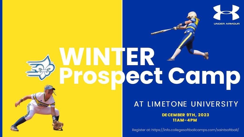 Limestone Winter Prospect Camp is only a week away! We have 4 spots left! December 9th, 11am - 4pm Sign up today: info.collegesoftballcamps.com/saintsoftball/ #limestONEnation #limestonesoftball 💙💛🤍