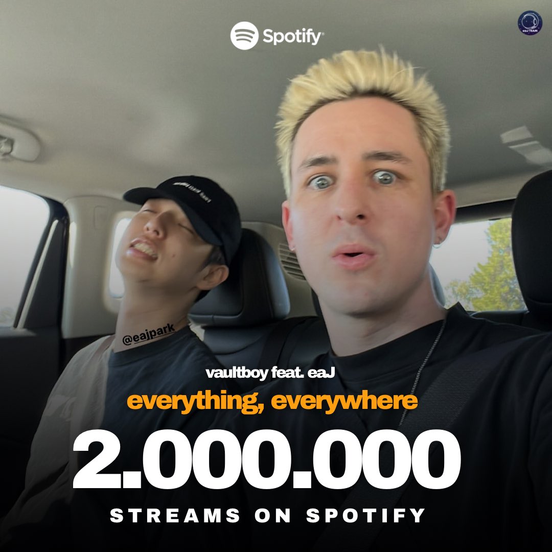 eaJ_TEAM's tweet image. Congratulations on &apos;everything, everywhere&apos; by vaultboy feat. eaJ for reaching 2 Million Streams on Spotify 👏🏽👏🏽

Cheers, @vaultboy @eaJPark 🍻!!

🔗 spoti.fi/3sjZzba

#vaultboy #eaJPark #everythingeverywhere