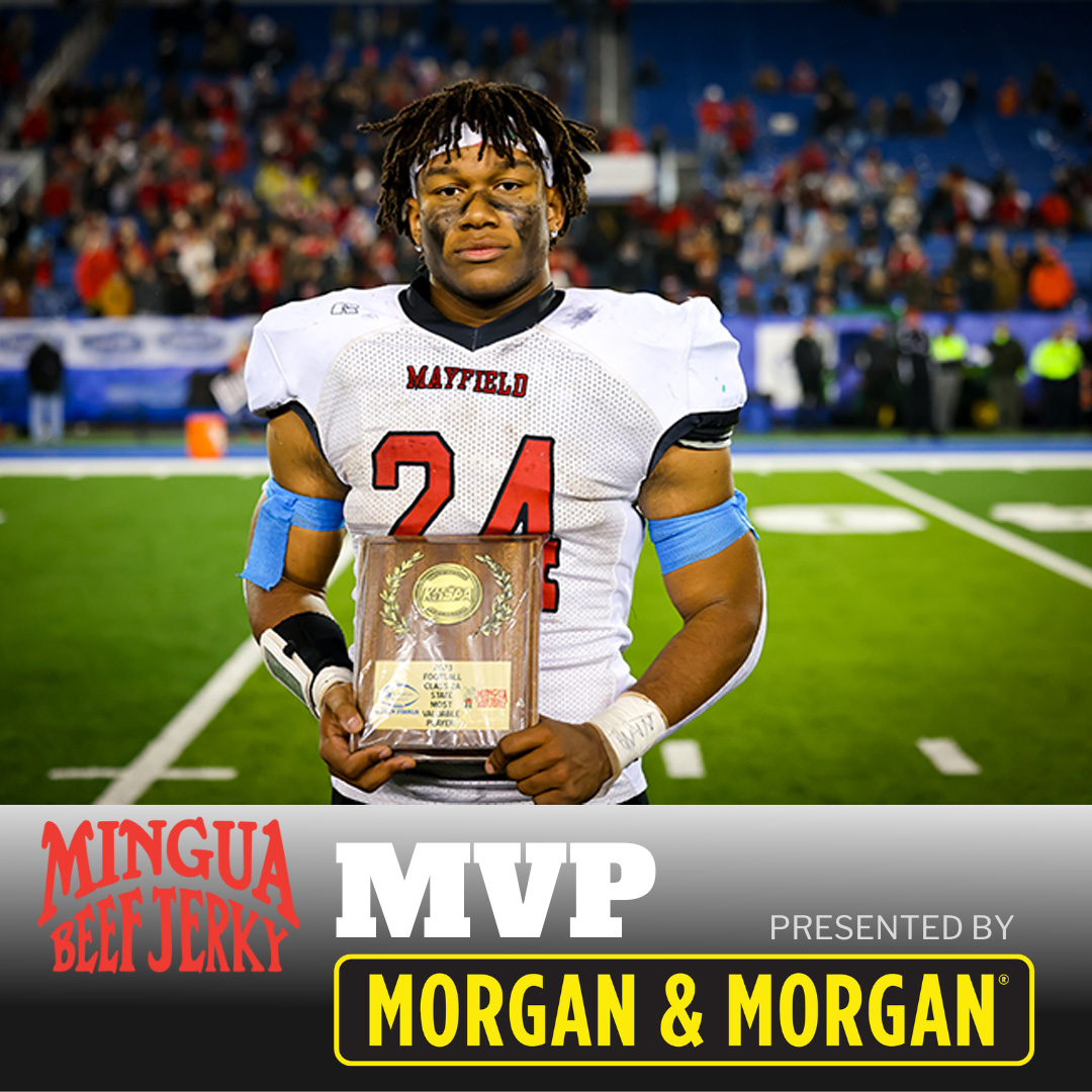Congratulations to Mayfield's Jutoriaus Starks on Mingua Beef Jerky MVP award presented by Morgan &amp; Morgan. 
<a href="/minguabeefjerky/">Mingua Beef Jerky</a>  
<a href="/forthepeople/">Morgan & Morgan</a>. 
#khsfb 📸 @lesnicholson
