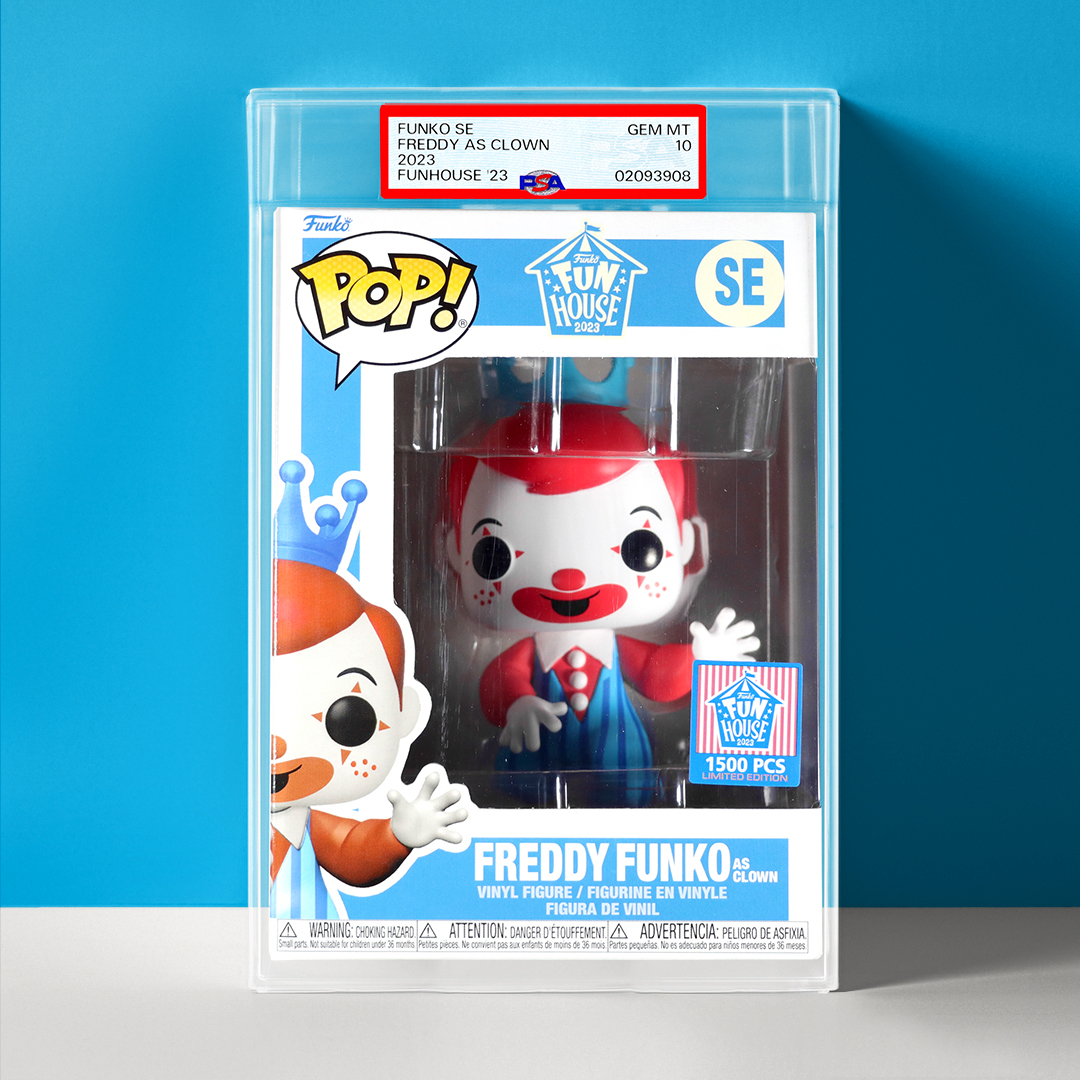 𝙅𝙐𝙎𝙏 𝙂𝙍𝘼𝘿𝙀𝘿 🤡 The exclusive Freddy Funko as a clown debuted at Funko's circus-themed booth during Wondercon 2023 in Anaheim. One of the 1500 lucky collectors snagged this circus sensation and had a nice return, earning a PSA 10.