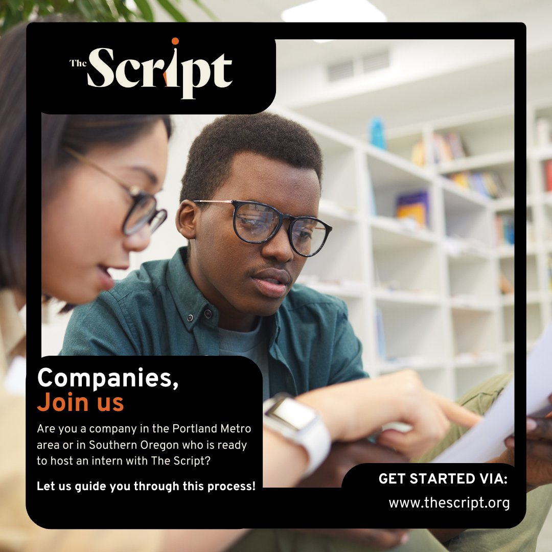 Attention Oregon &amp; SW Washington companies! Prepared to escalate your influence? Confirm your participation in The Script Internship 2024 and be a spark for transformation! ✨⚡️🎇

Check out the details at (thescript.org/employers/)
