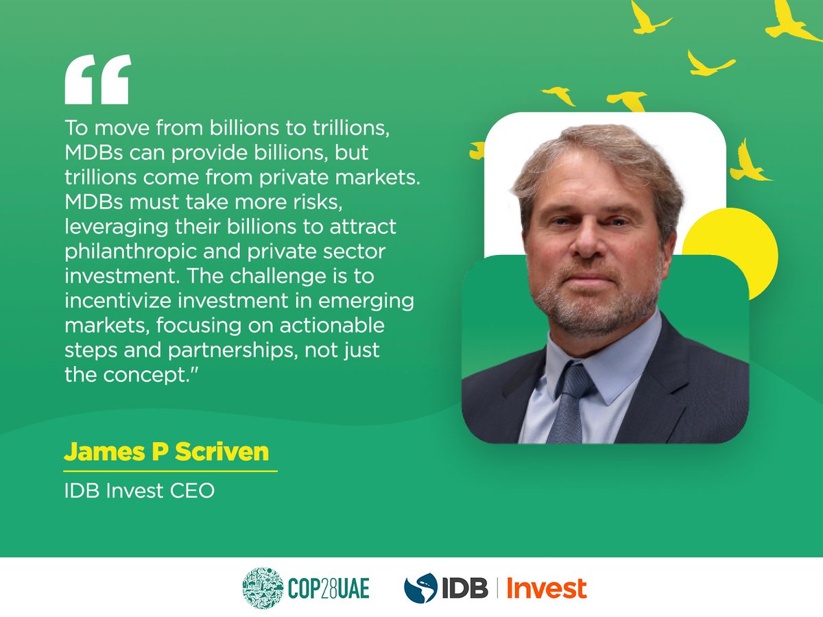 BID Invest - IDB Invest (@bidinvest) on Twitter photo Day 2 at #COP28 was a success! Our CEO, <a href="/JamesPScriven/">James P. Scriven</a>, inspired the audience w/ his insightful perspectives, while our CSO, <a href="/Aze1Gabriel/">Luiz Gabriel Azevedo</a> fueled engaging discussions w/ groundbreaking strategies. Here's a glimpse into their influential participation in today's panels. Day 2 at #COP28 was a success! Our CEO, <a href="/JamesPScriven/">James P. Scriven</a>, inspired the audience w/ his insightful perspectives, while our CSO, <a href="/Aze1Gabriel/">Luiz Gabriel Azevedo</a> fueled engaging discussions w/ groundbreaking strategies. Here's a glimpse into their influential participation in today's panels.