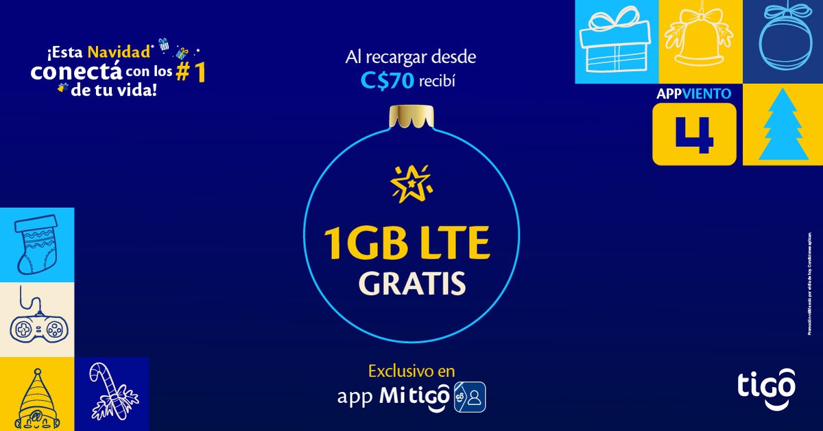 Tigo_Nicaragua's tweet photo. 💙🎄 #ConectáConLosNúmeroUnoDeTuVida 🌟 🌐 Recibí 1 GB LTE GRATIS al recargar desde C$70 en app Mi Tigo. 📲https://t.co/ahor55sxdy ¡Disfrutá de tu regalo de #Appviento válido al recargar solo por hoy!
Sumate al #TeamTigo esta Navidad 🎁🎅🏽

*Condiciones aplican https://t.co/RLiyaJUFTa