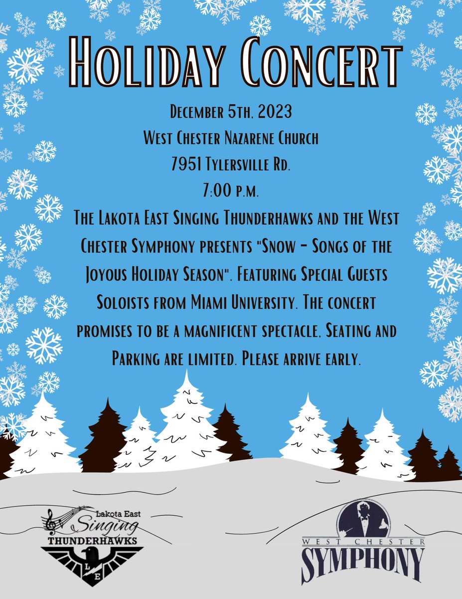 LEHSvocal's tweet photo. The Singing Thunderhawks and the WC Symphony will be performing our community Holiday Concert on Dec. 5 at 7 pm.  
A great evening of holiday music and spirit with special guest soloists Megan Dendler Johnson LEHS Alum 2016 and Eric Simmons.
Hope to see you there! https://t.co/0ob5D6MaYB