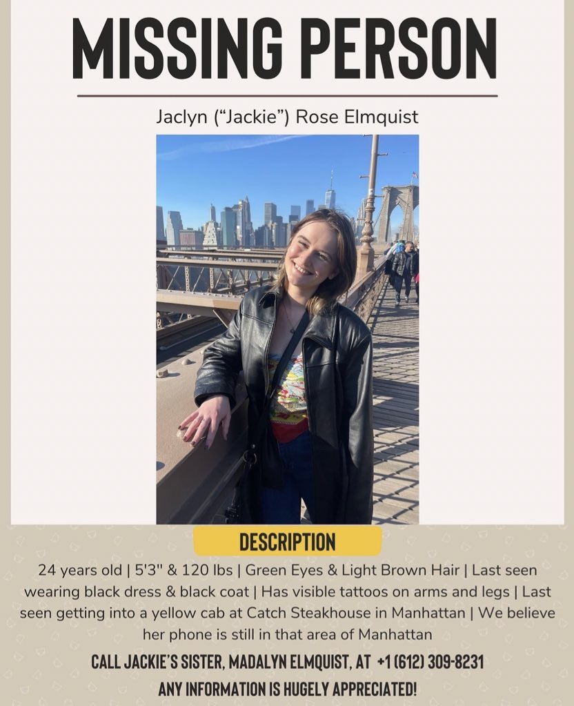 New Yorkers - this is a Swiftie’s sister. Please share 🤍

Jaclyn “Jackie” Elmquist