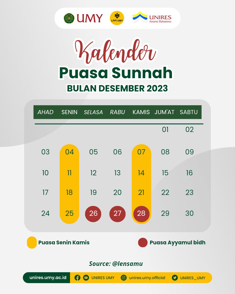 Hai haiii sobat kece 👋🏻👋🏻

Mimin kasih info kalender puasa sunnah nihh ✨

Dengan berpuasa, manusia akan semakin bersyukur karena paham bahwa dirinya telah diberi nikmat begitu banyak dibanding orang-orang fakir, miskin, dan yatim piatu yang sering merasakan rasa lapar.
