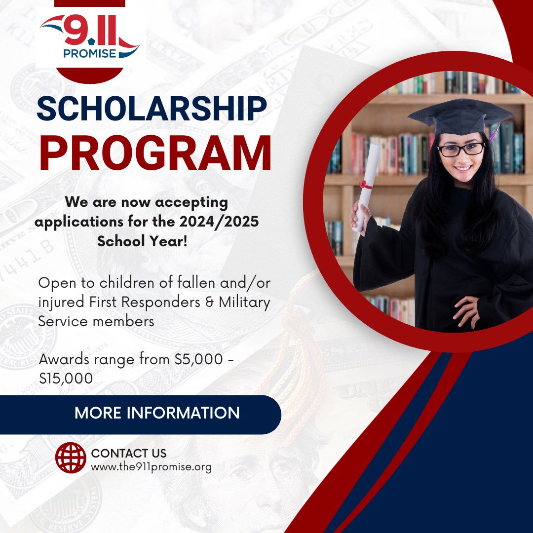 The911Promise's tweet photo. We are excited to announce that the web portal is OPEN for scholarship applications for the 2024/2025 School Year!  Awards range from $5,000 - $15,000!  All applications must be submitted by March 2024! 🇺🇸

#scholarships #education #educationalscholarship #highereducation https://t.co/xNJCclEqVp