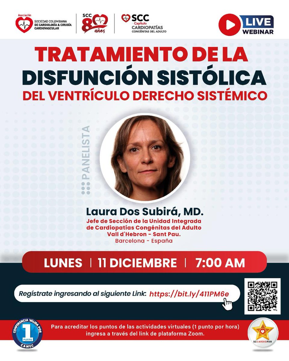 Próximo #LiveWebinar #ACHD del Capitulo Cardiopatías Congénitas del Adulto de la Sociedad Colombiana de Cardiología y Cirugía Cardiovascular.

📅Lunes 11 de diciembre - 07:00 am 🇨🇴

¡Registrese aqui!
🔗 bit.ly/411PM6e