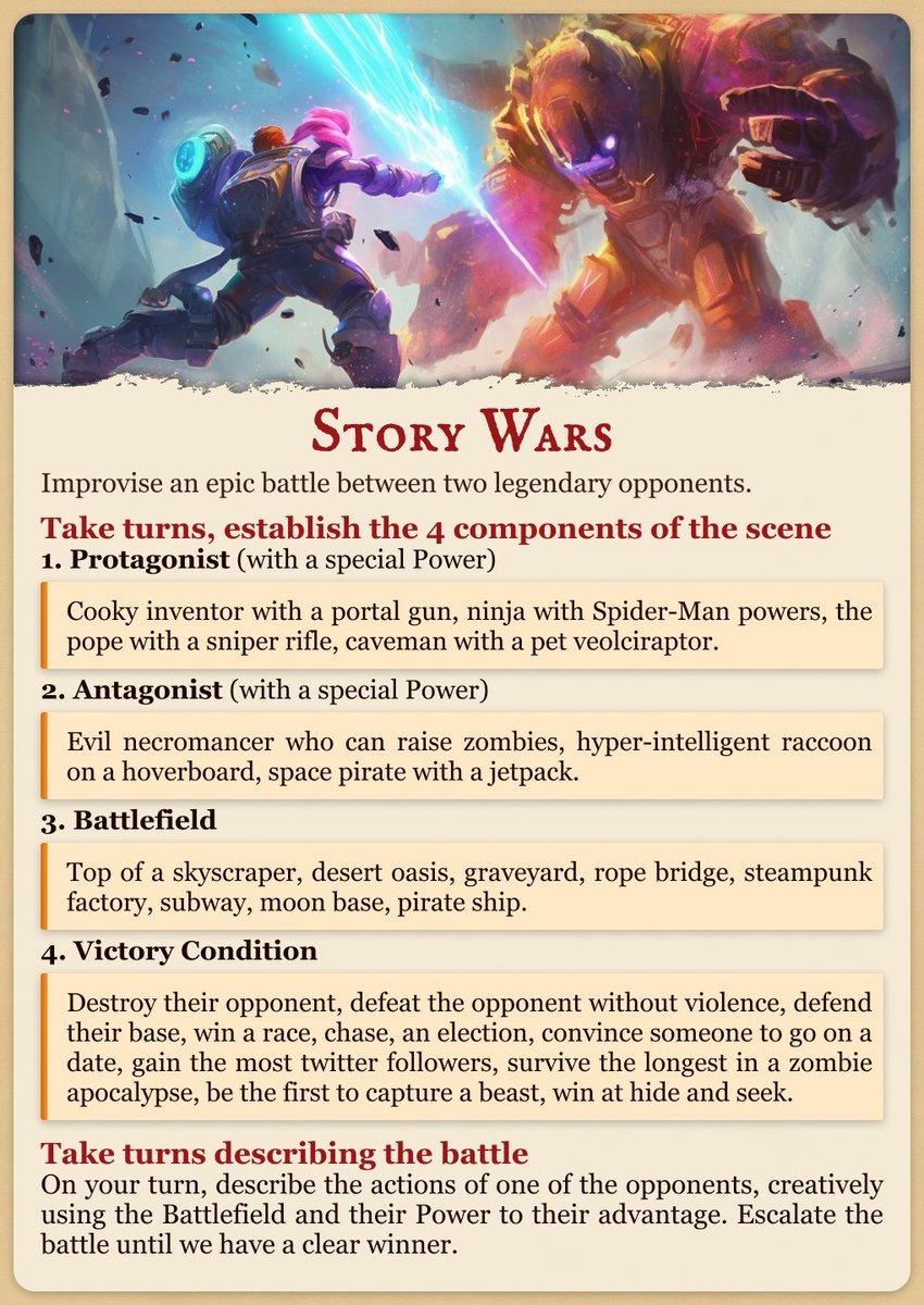 RoleplayLevelup's tweet photo. One more fun game from Roleplay Academy - play it as a warmup before your regular roleplaying sessions to invent some fun ideas, and become better roleplayers, storytellers, and improvisers.

Follow me for more games like that, posted regularly.
#DnD #TTRPGs https://t.co/B2EnYDFGv3