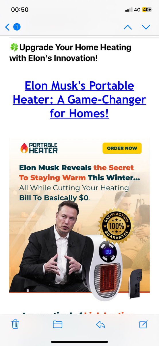 dizzydani's tweet photo. @elonmusk didn’t know you promoted portable heaters too. Came through in my junk earlier https://t.co/bXKajrUbXc