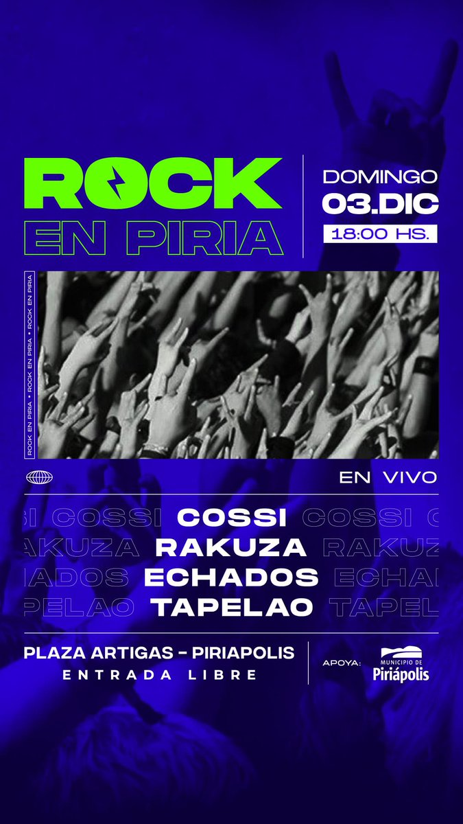 💥 ROCK EN PIRIA 💥
Este domingo 3 de diciembre vamos a estar tocando en esta nueva fecha de Rock en Piria junto a los amigos de @echados_ , <a href="/cossi/">life</a>.oficial y @rakuzasociety

⚡La entrada es libre y gratuita 

🗓️ Domingo 3 de diciembre
🕛 18:00 hs
📍Plaza Artigas de Piriápolis