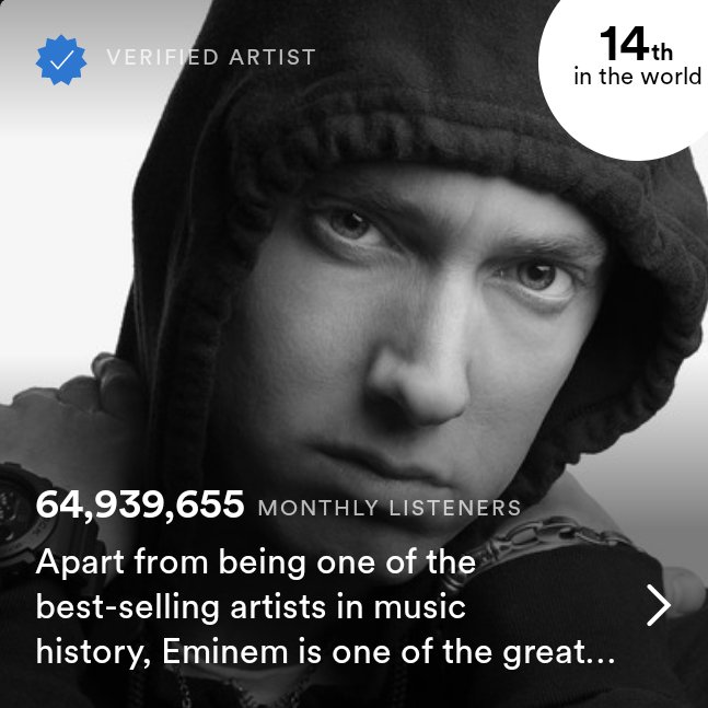 EminemSupporte1's tweet image. Eminem has jumped up to #14 in top monthly listeners on Spotify 🔥📈

Let's all come together worldwide and stream Eminem together 🌏 his songs are currently flying up the ranks 💪 #StreamEminem